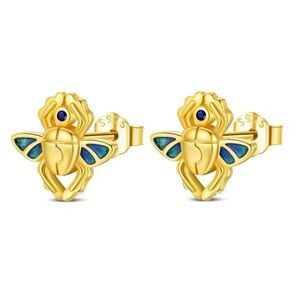 18K Gold & 925 Sterling Silver Scarab EgyptianStud Earrings Punk Gothic Unisex